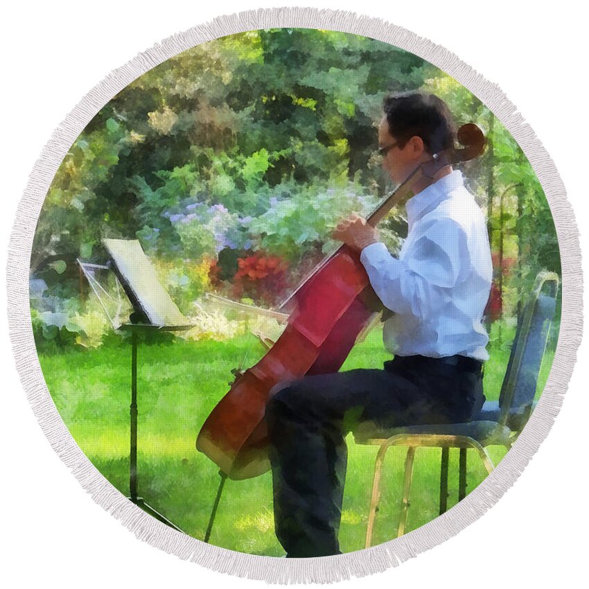Cello Round Beach Towel featuring the photograph Cellist in the Garden by Susan Savad