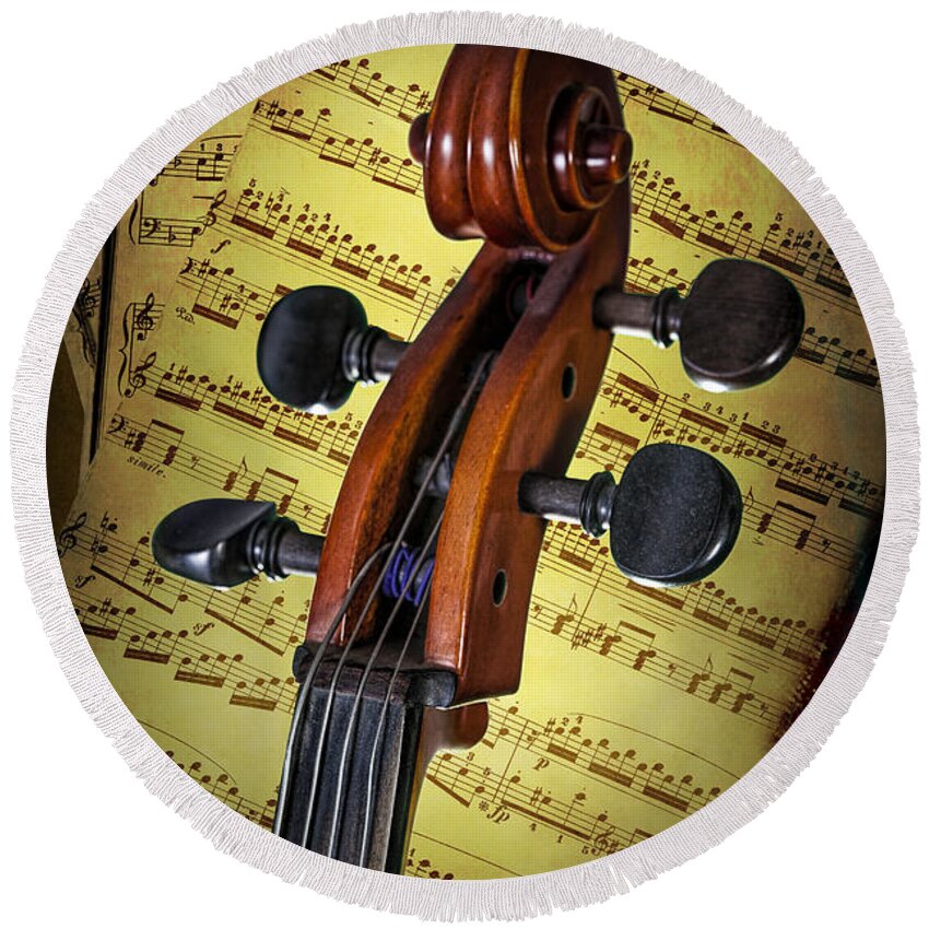 Cello Round Beach Towel featuring the photograph Cello Scroll with Sheet Music by Randall Nyhof