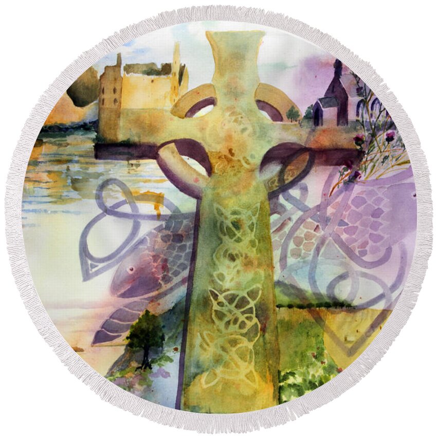 Celtic Cross Round Beach Towel featuring the painting Inspired By Ancient Designs by Maria Hunt