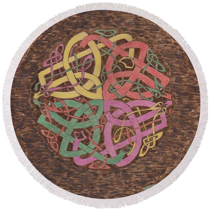 Colored Pencil Round Beach Towel featuring the pyrography Celtic Knot 3 by David Yocum