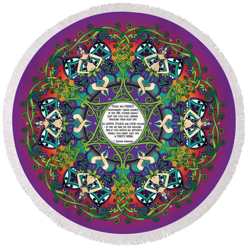 Fairy Tale Round Beach Towel featuring the digital art Celtic Spring Fairy Mandala by Celtic Artist Angela Dawn MacKay