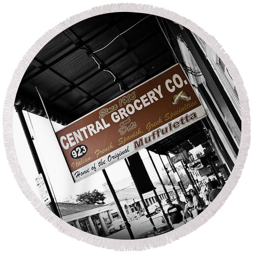 Black & White Round Beach Towel featuring the photograph Central Grocery by Scott Pellegrin