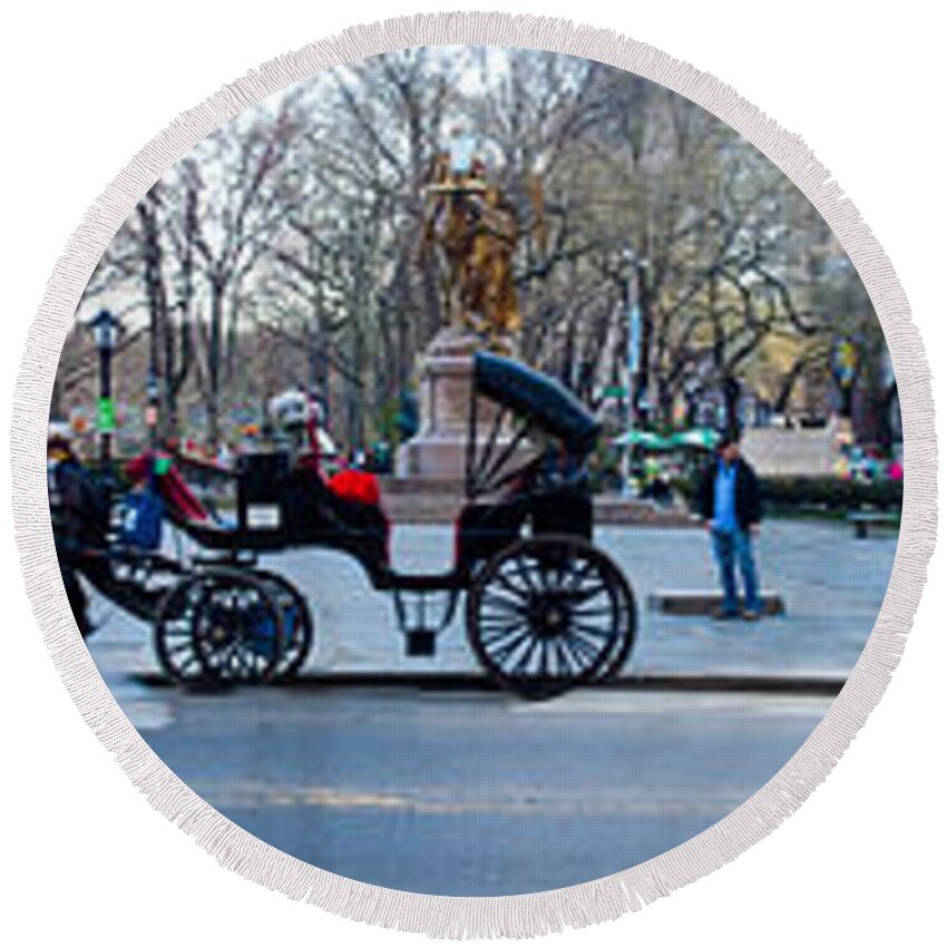 Animal Round Beach Towel featuring the photograph Central Park Horse Carriage Station Panorama by Thomas Marchessault