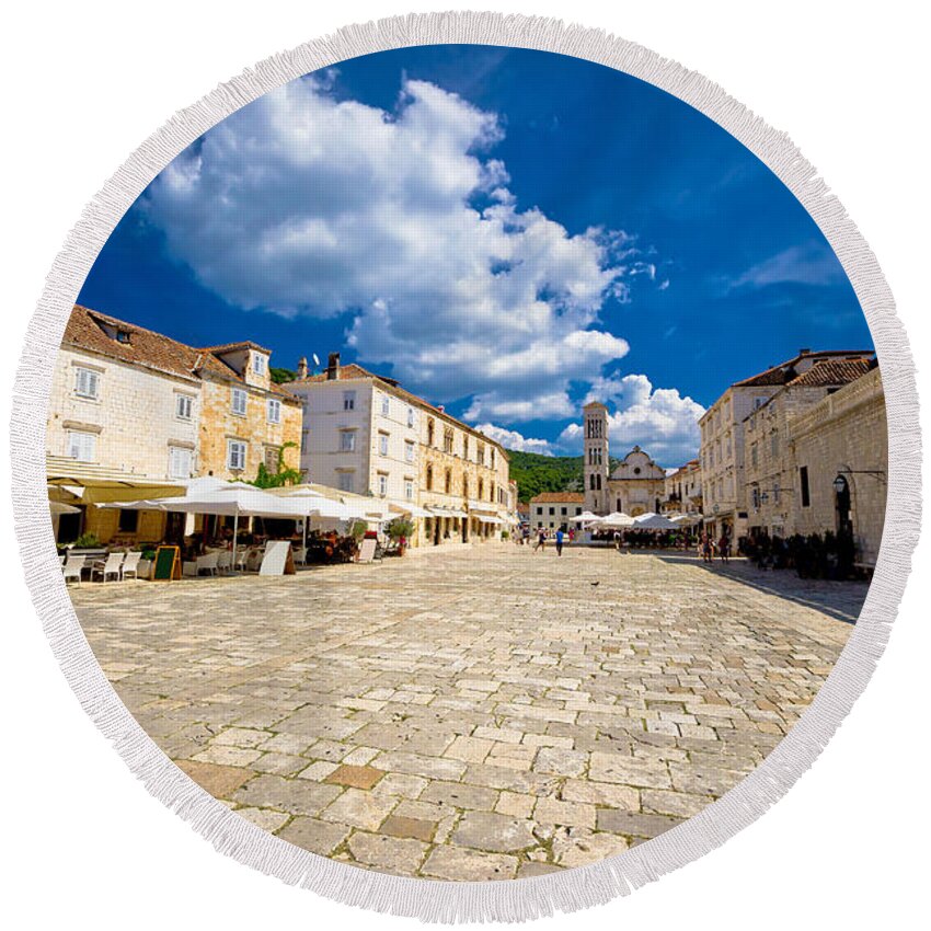 Center Round Beach Towel featuring the photograph Central Pjaca square of Hvar town by Brch Photography