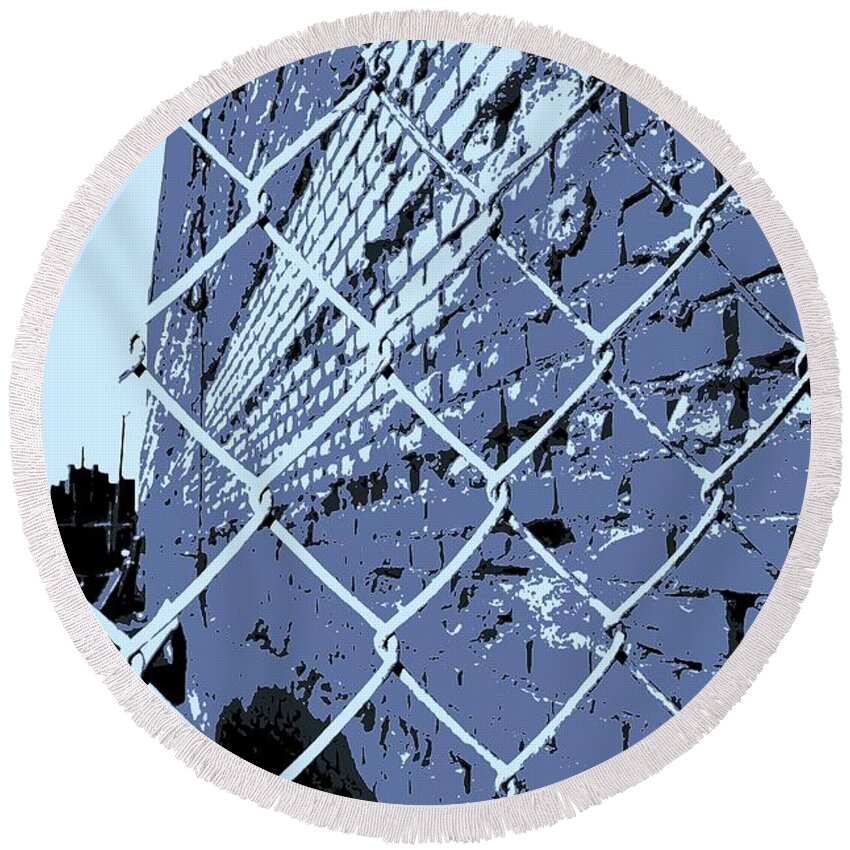 Detroit Round Beach Towel featuring the photograph Chainlink and A Wall in blue by Daniel Thompson
