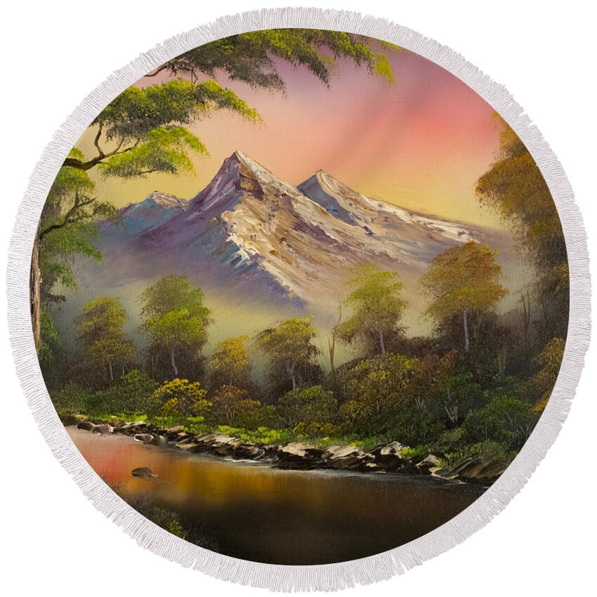Landscape Round Beach Towel featuring the painting Summer Evening by Chris Steele