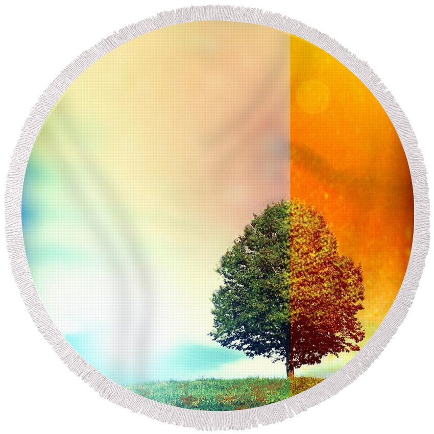 Tree Round Beach Towel featuring the digital art Change of the Seasons - The Moment when Summer meets with Fall by Lilia D