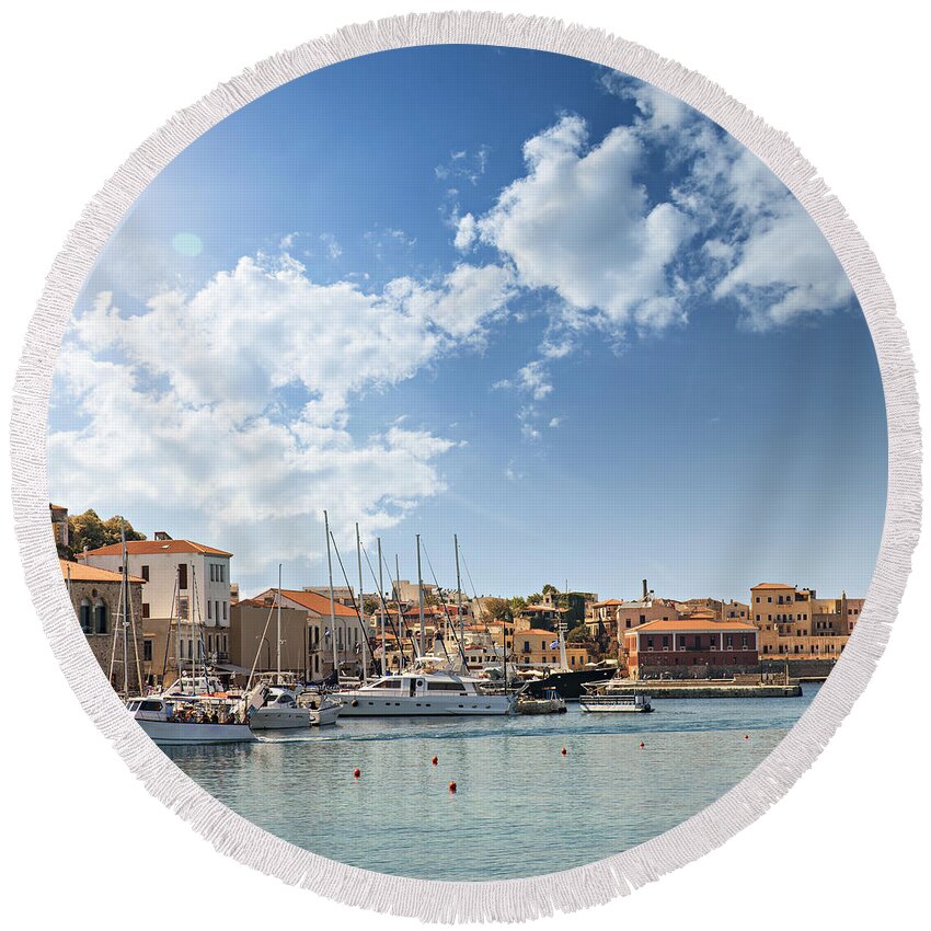Greece Round Beach Towel featuring the photograph Chania town on Crete by Sophie McAulay
