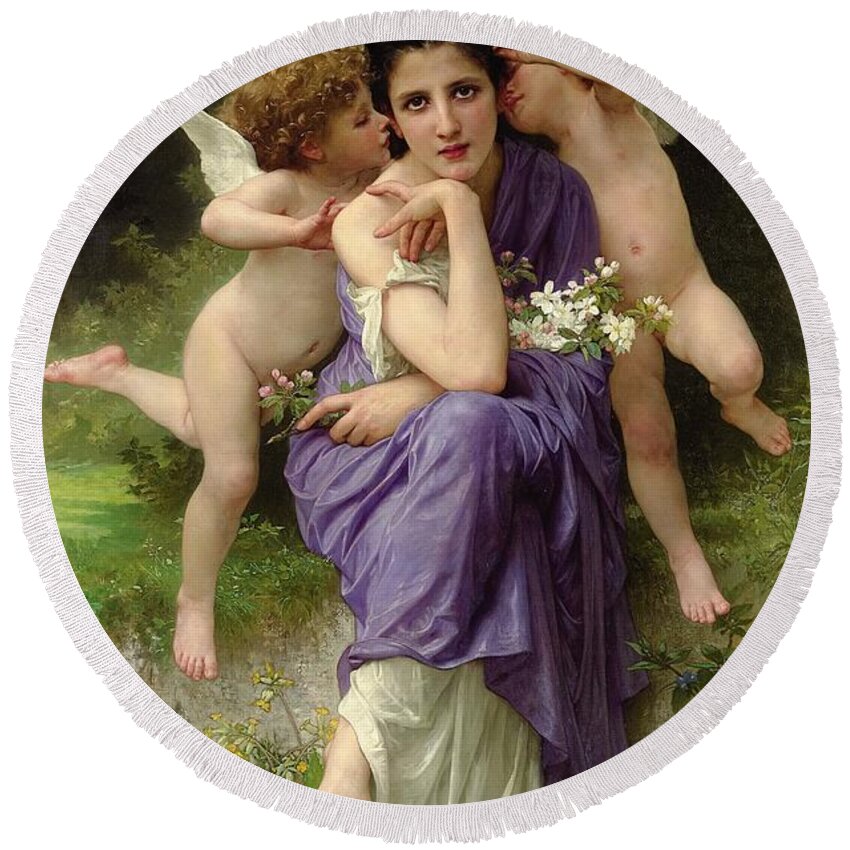 Angel Round Beach Towel featuring the painting Chansons de Printemps by William Adolphe Bouguereau