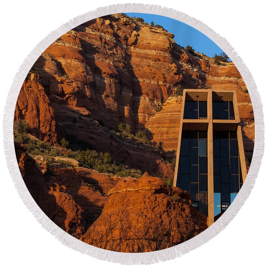 Architecture Round Beach Towel featuring the photograph Chapel at Sedona by Ed Gleichman