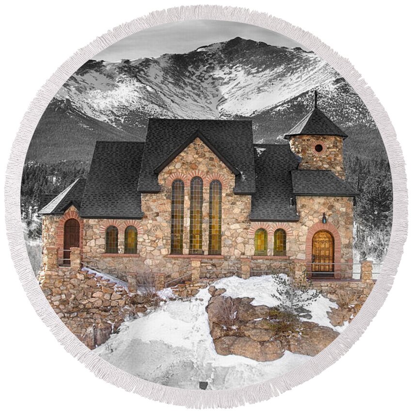 Chapel On The Rock Round Beach Towel featuring the photograph Chapel on the Rock BWSC by James BO Insogna
