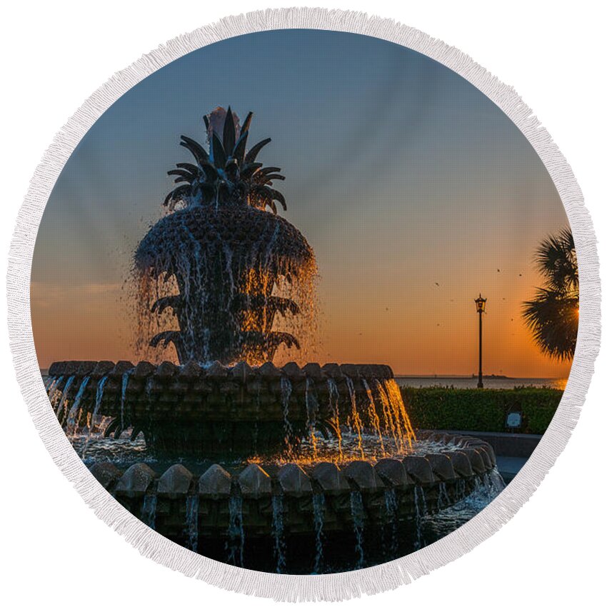 Pineapple Fountain Round Beach Towel featuring the photograph Charleston Pineapple by Dale Powell