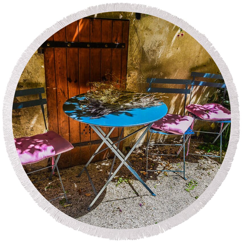 Chairs Round Beach Towel featuring the photograph On the patio by Dany Lison
