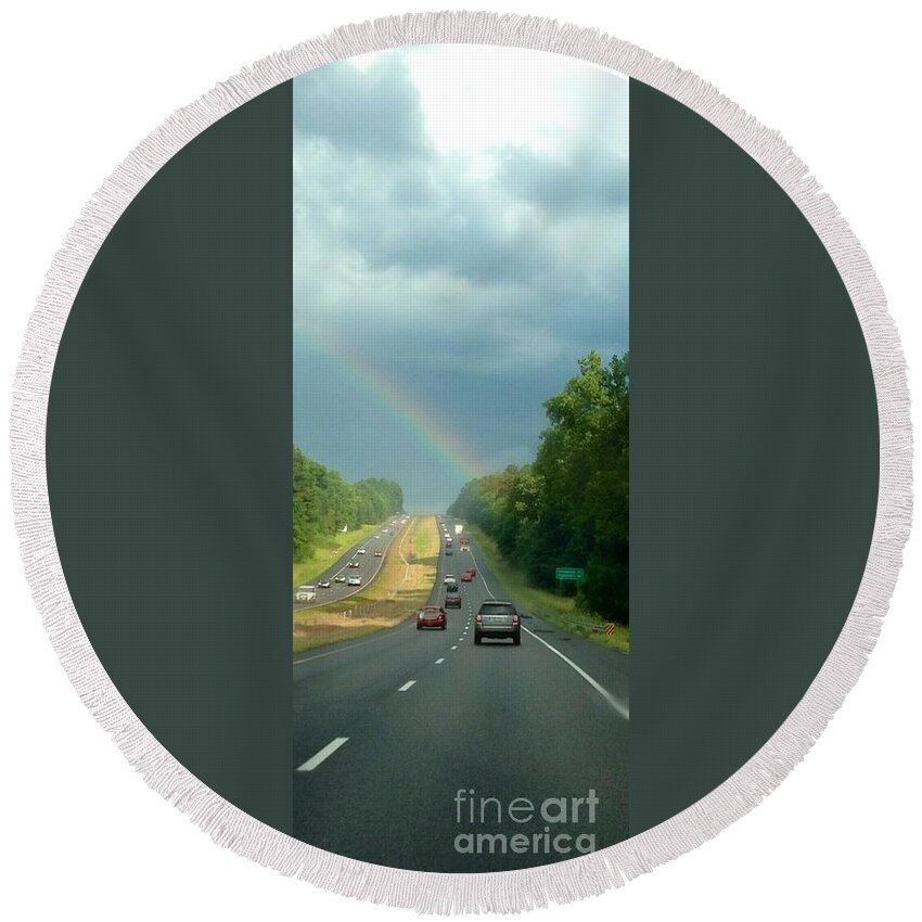 Rain Round Beach Towel featuring the photograph Chasing the Rainbow by M West