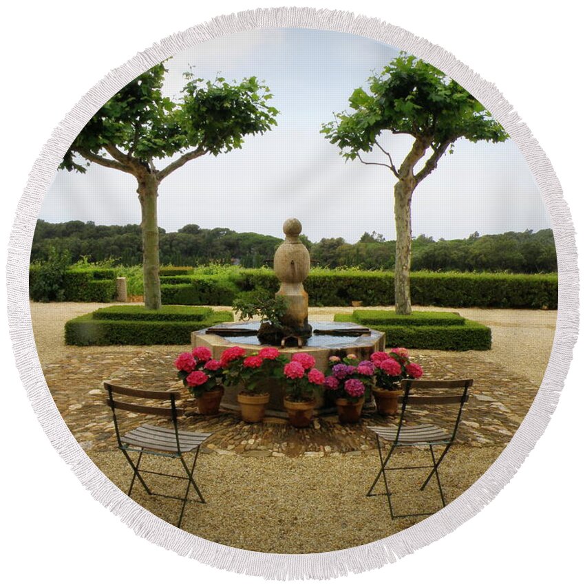 France Round Beach Towel featuring the photograph Chateau Malherbe Fountain by Lainie Wrightson