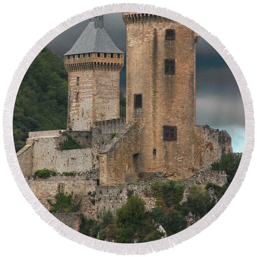 Chateau Round Beach Towel featuring the photograph Chateau Tower Colour by John Topman