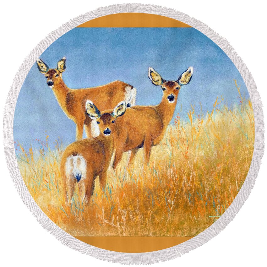 Deer Round Beach Towel featuring the pastel Checking the Back Trail by Tracy L Teeter