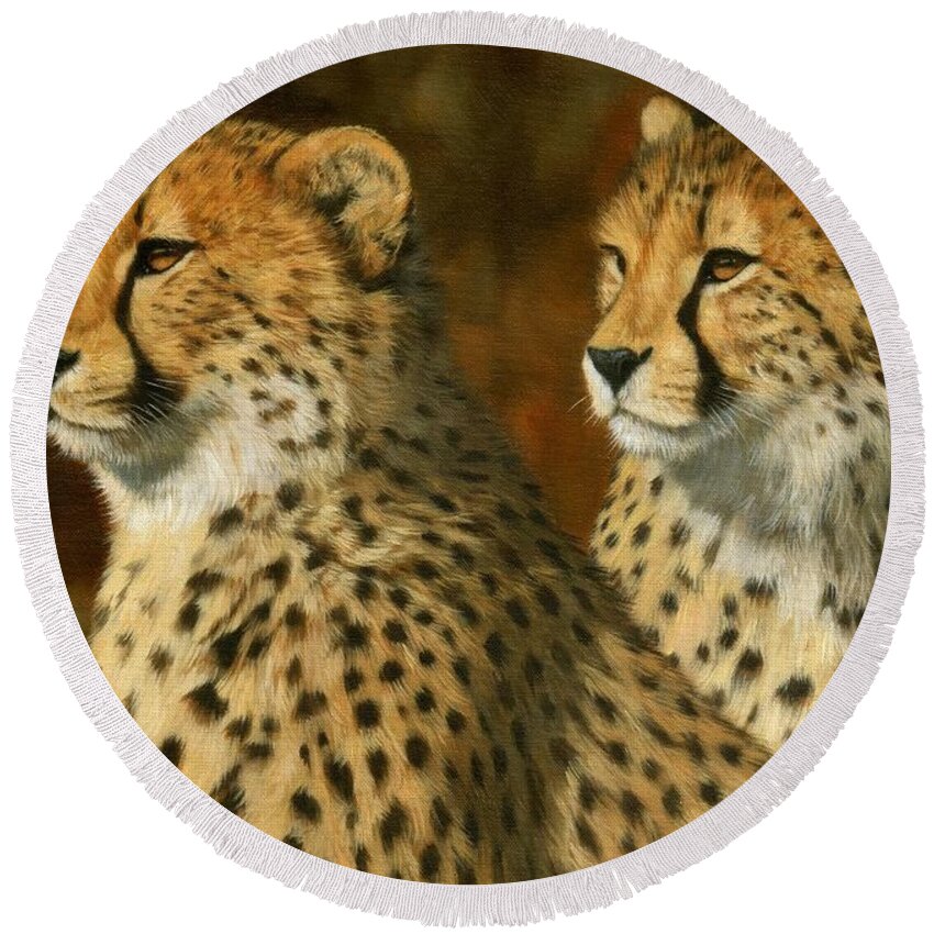Cheetah Round Beach Towel featuring the painting Cheetah Brothers by David Stribbling