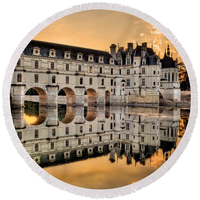 Chateau De Chenonceau Round Beach Towel featuring the photograph Chenonceau Castle in the twilight panorama by Weston Westmoreland