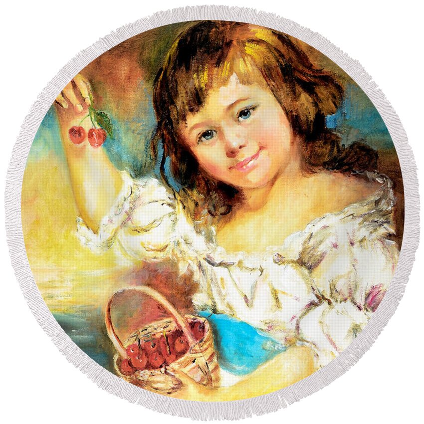 Girl Round Beach Towel featuring the painting Cherry Basket girl by Sher Nasser