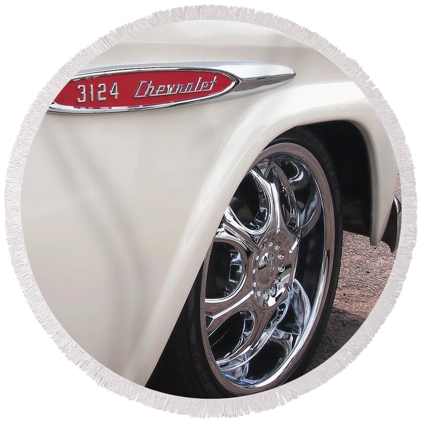 Car Round Beach Towel featuring the photograph Chevrolet Classic 3124 White Pick Up Truck by Amy McDaniel