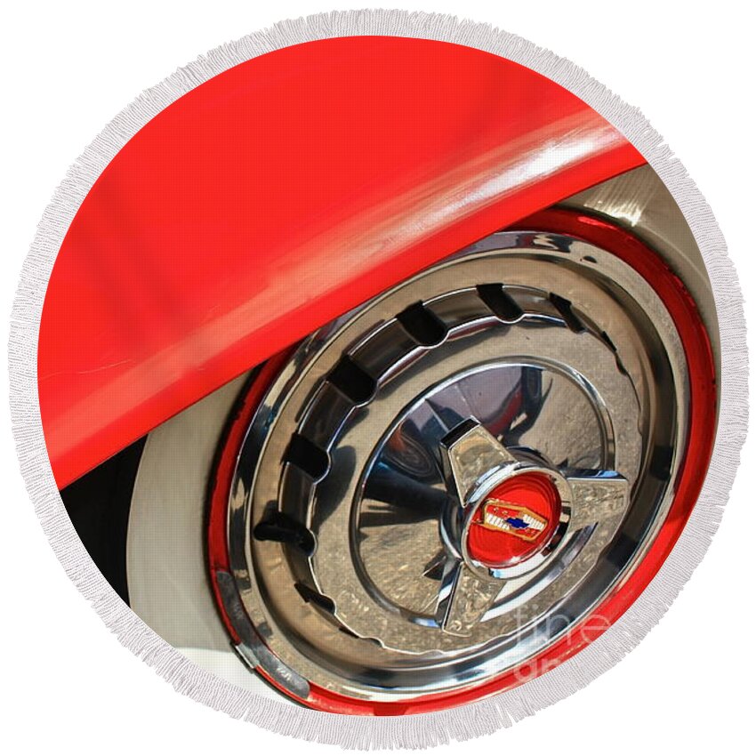 Chev Round Beach Towel featuring the photograph 1955 Chevy Rim by Linda Bianic