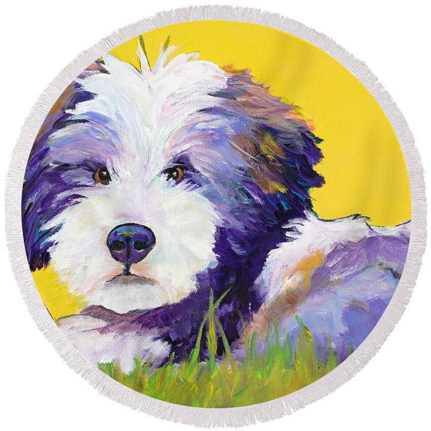 Tibetan Terrier Round Beach Towel featuring the painting Chew Stick by Pat Saunders-White