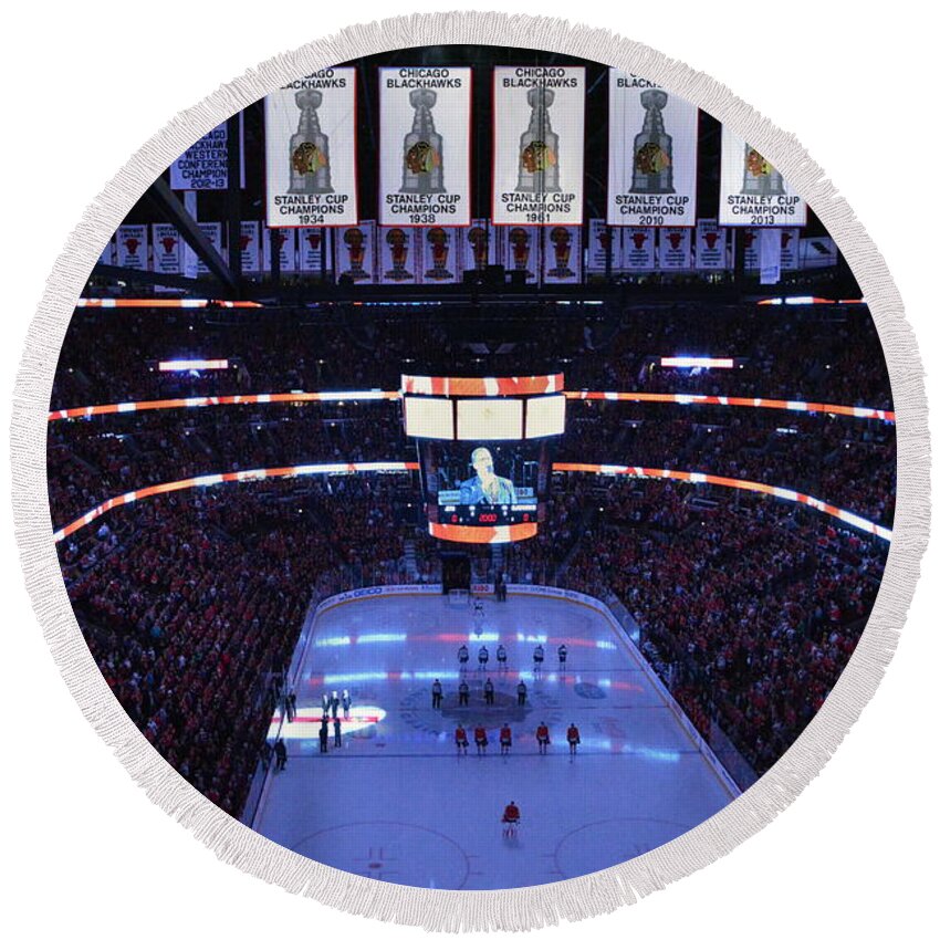 Chicago Blackhawks Round Beach Towel featuring the photograph Chicago Blackhawks Please Stand Up by Thomas Woolworth
