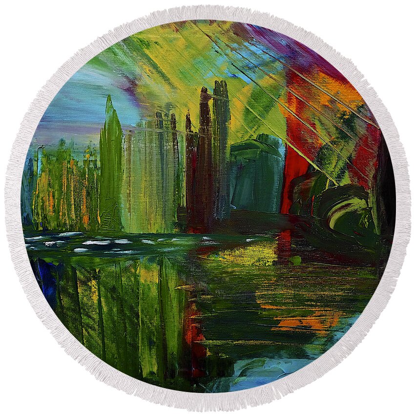 Chicago Skyline Round Beach Towel featuring the painting Chicago City Scape by Dick Bourgault