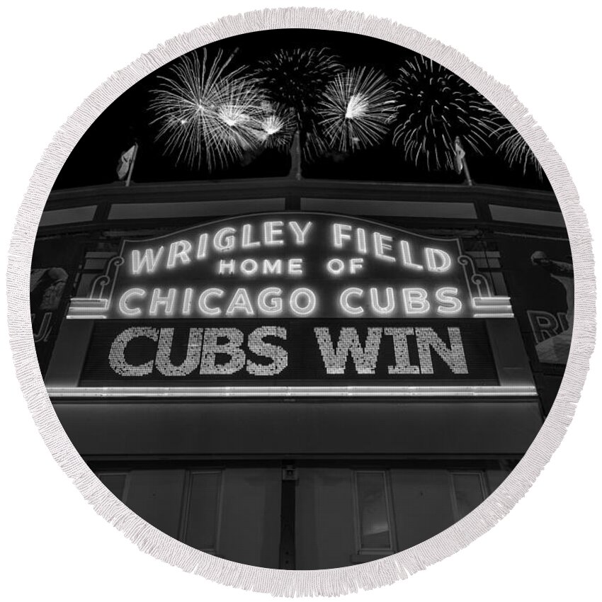 Chicago Round Beach Towel featuring the photograph Chicago Cubs Win Fireworks Night B W by Steve Gadomski