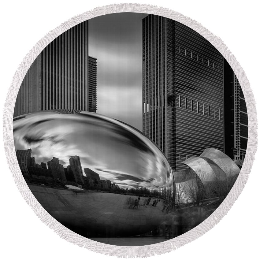 Chicago Round Beach Towel featuring the photograph Cloud Gate aka Bean in Black and White by Jonas Luis
