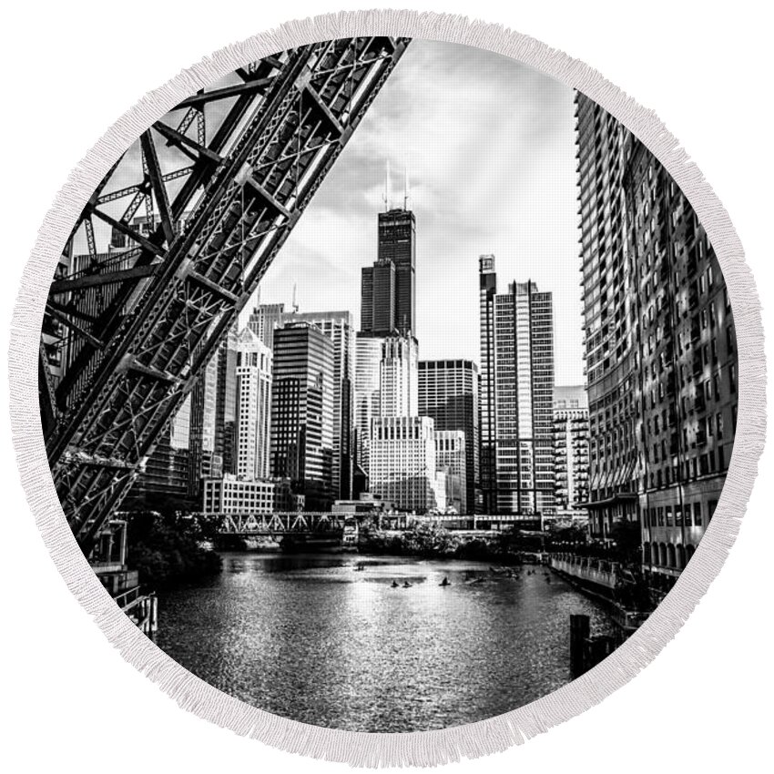 America Round Beach Towel featuring the photograph Chicago Kinzie Street Bridge Black and White Picture by Paul Velgos