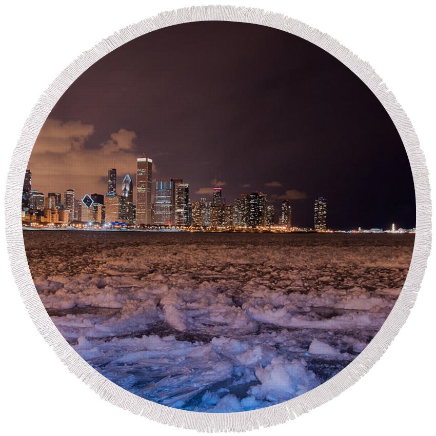 Lake Shore Drive Round Beach Towel featuring the photograph Chicago night skyline by Dejan Jovanovic