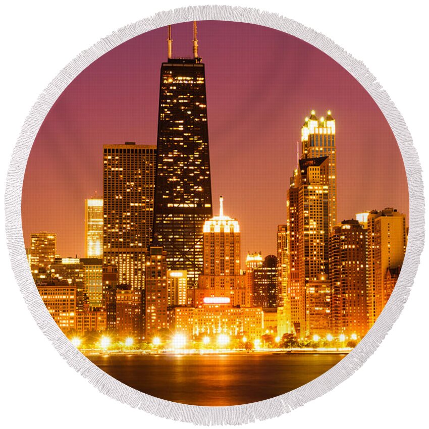 2012 Round Beach Towel featuring the photograph Chicago Night Skyline with John Hancock Building by Paul Velgos