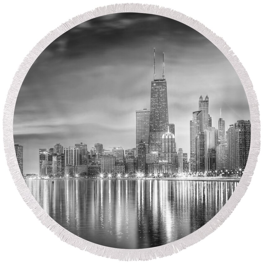Chicago Round Beach Towel featuring the photograph Chicago Reflections BW by Lindley Johnson