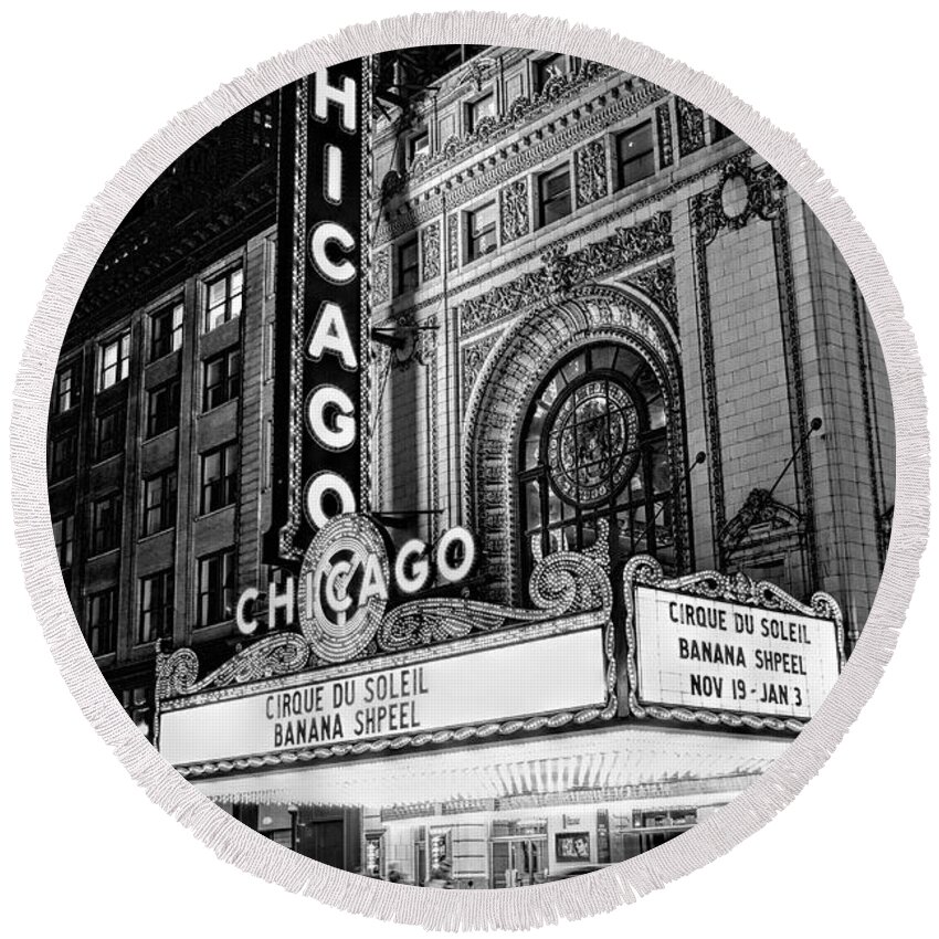 Chicago Round Beach Towel featuring the photograph Chicago Theatre Marquee Sign at Night Black and White by Christopher Arndt