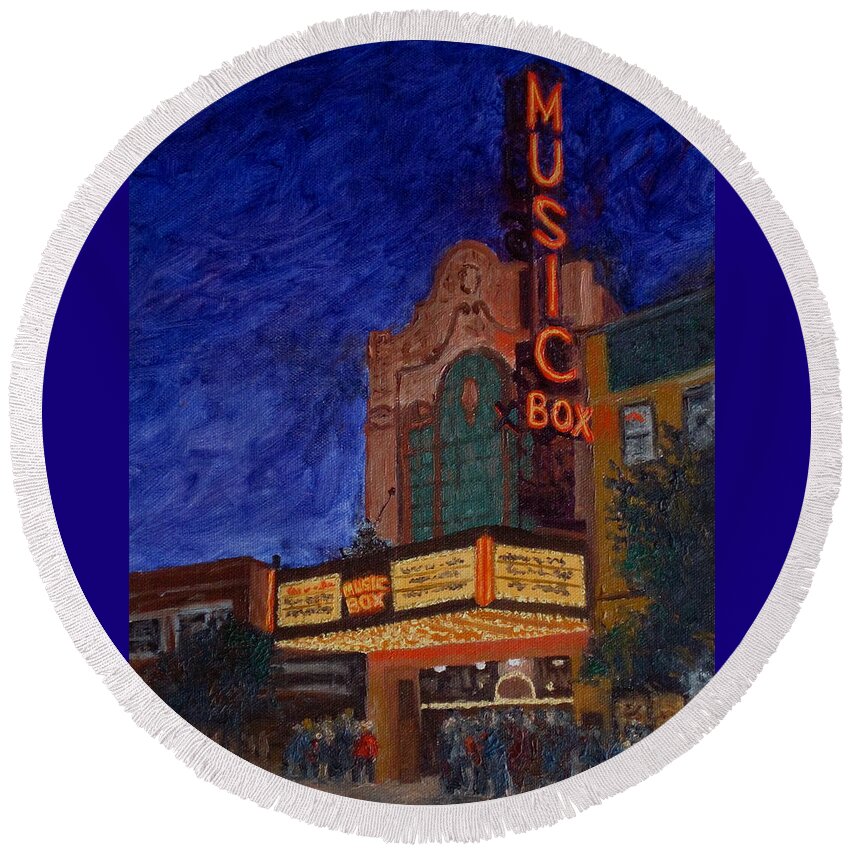 Chicago Art Round Beach Towel featuring the painting Chicago's Music Box Theater by J Loren Reedy