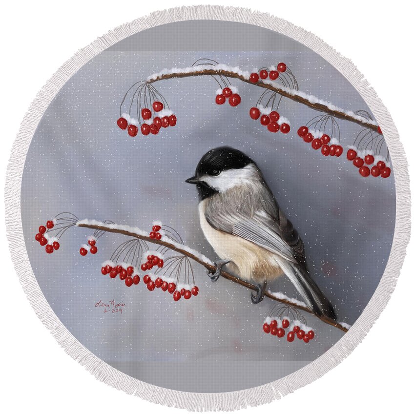 Chickadee Round Beach Towel featuring the digital art Chickadee and Berries by Lena Auxier