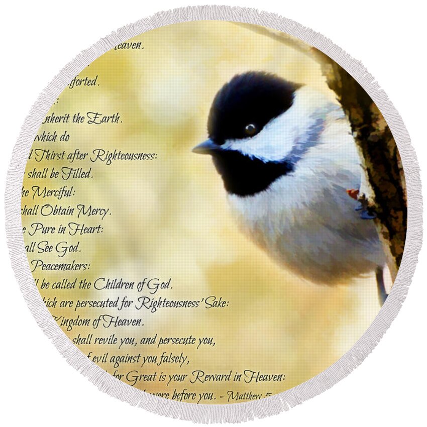 Chickadee Round Beach Towel featuring the photograph Chickadee with Digital Paint and verses by Debbie Portwood