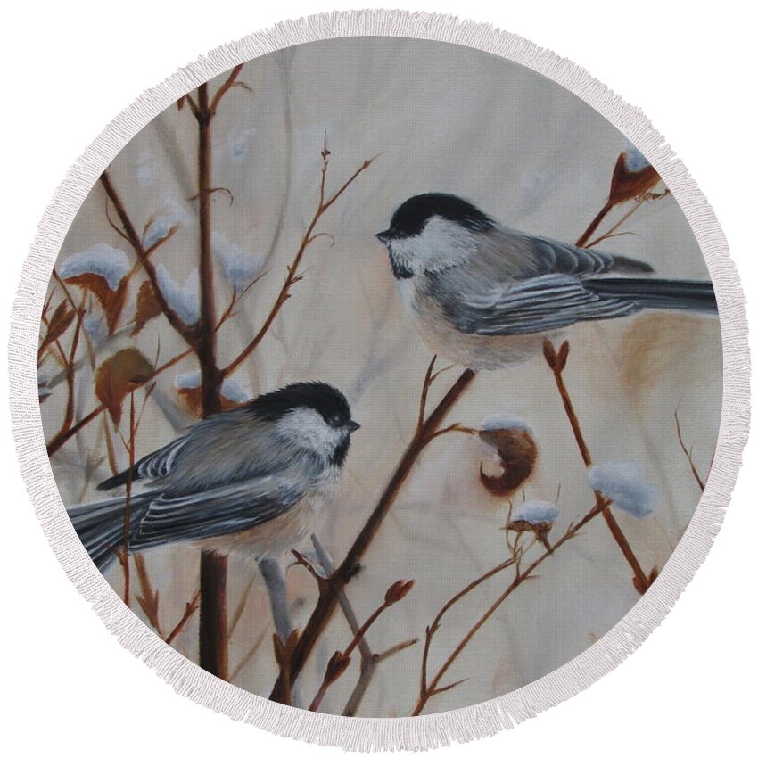 Birds Round Beach Towel featuring the painting Chickadees by Tammy Taylor