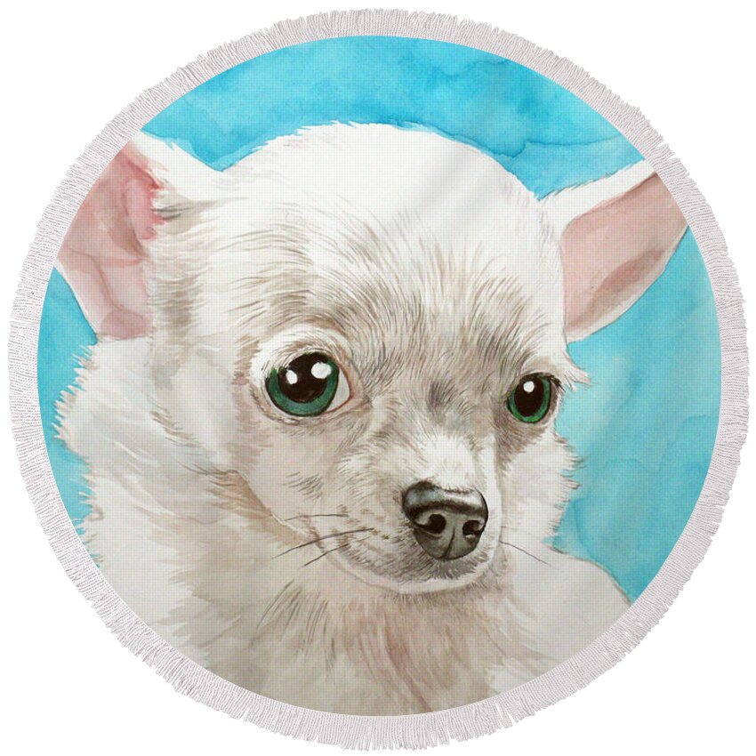 Chihuahua Round Beach Towel featuring the painting Chihuahua Dog White by Christopher Shellhammer