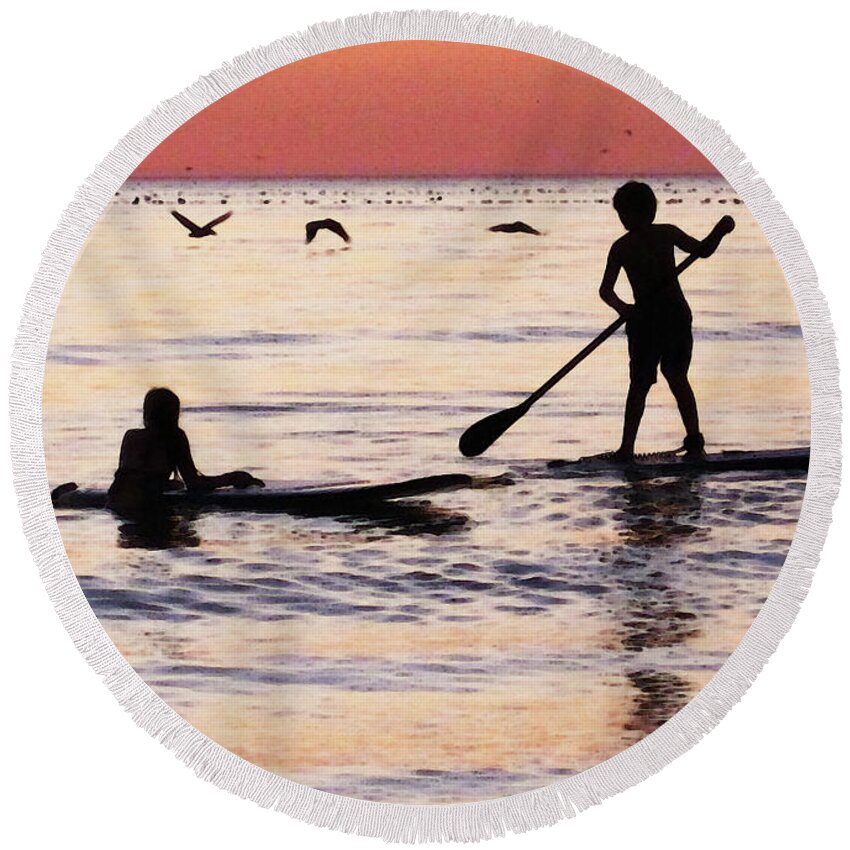 Silhouette Round Beach Towel featuring the painting Child Art - Magical Sunset by Sharon Cummings