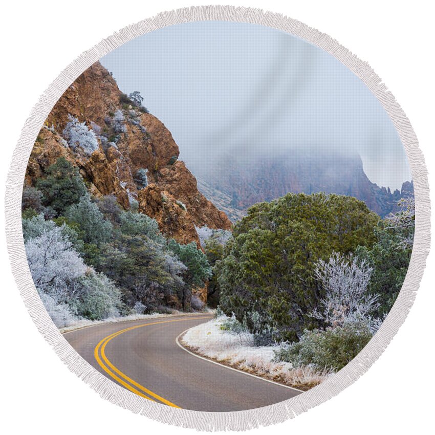 America Round Beach Towel featuring the photograph Chisos Winter Road by Inge Johnsson