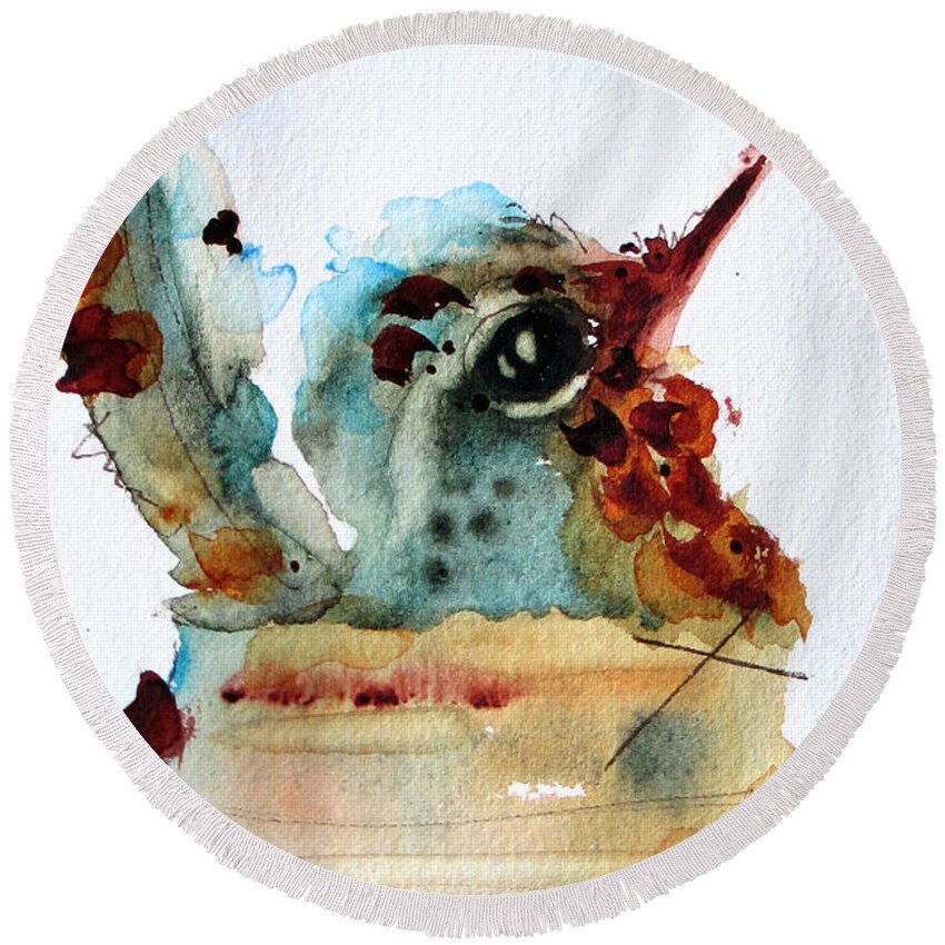 Nesting Hummingbird Round Beach Towel featuring the painting Chloe Nesting by Dawn Derman