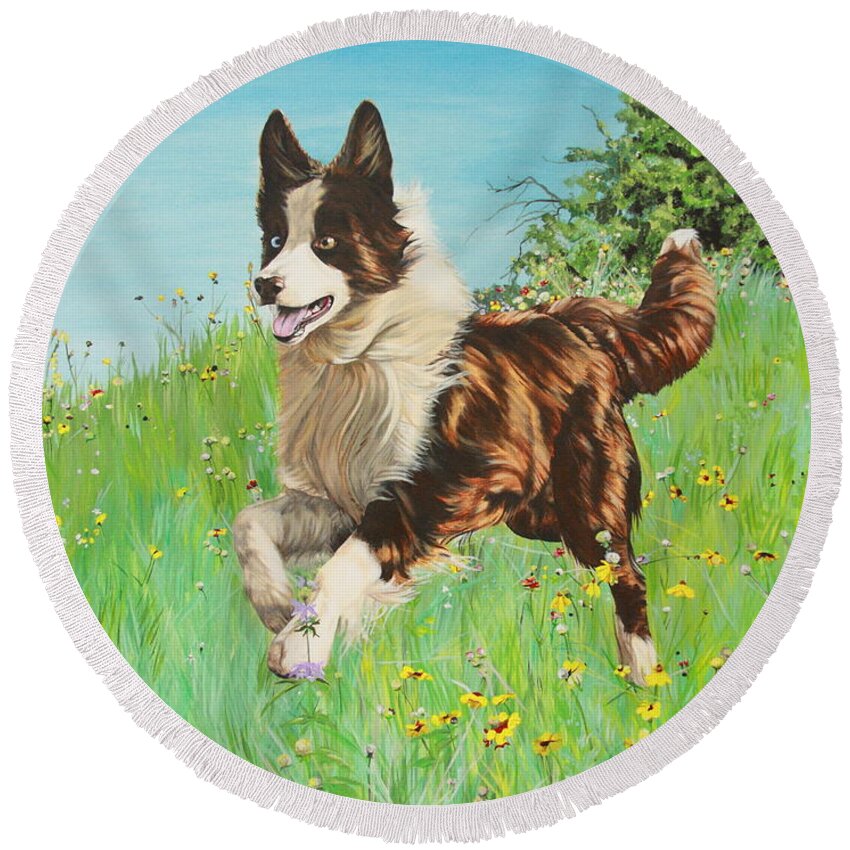 Border Collie Round Beach Towel featuring the painting Chocolate Border Collie in Meadow by Michelle Miron-Rebbe