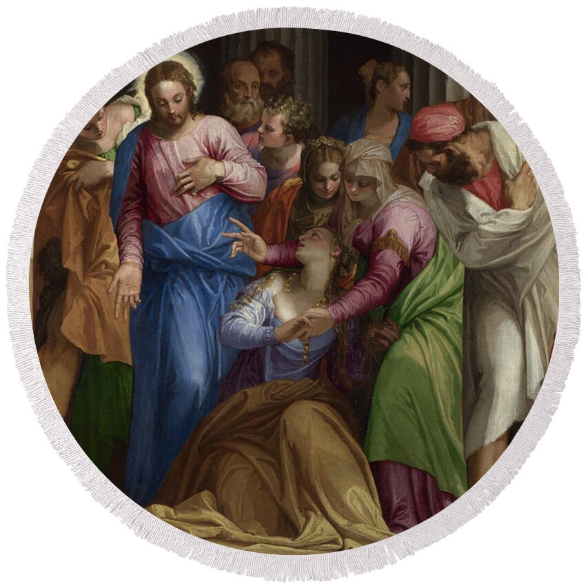 Paolo Veronese Round Beach Towel featuring the painting Christ addressing a Kneeling Woman by Paolo Veronese