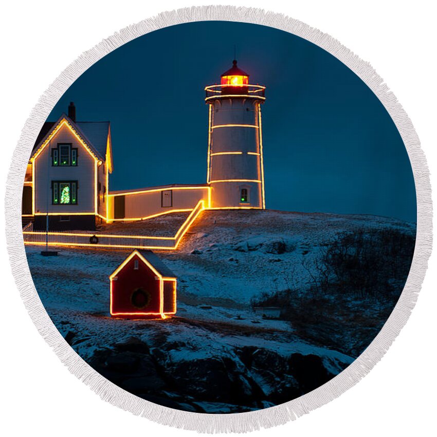 Light Round Beach Towel featuring the photograph Christmas at Nubble Light by Paul Mangold