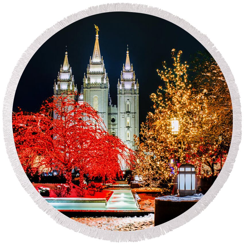 Christmas Round Beach Towel featuring the photograph Christmas at Temple Square by La Rae Roberts