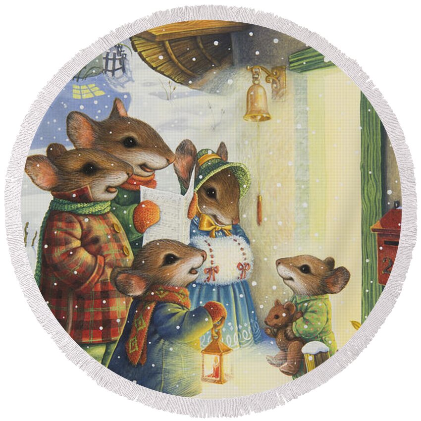 A Small Group Of Mice Singing Christmas Carols To A Little Mouse In His Footie Pajamas. Round Beach Towel featuring the painting Christmas Carols by Lynn Bywaters