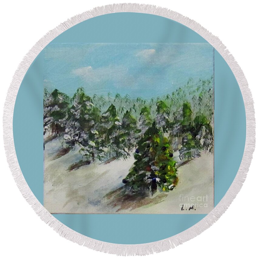 Christmas Round Beach Towel featuring the painting Christmas Mountain by Laurie Morgan